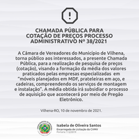 CHAMADA PÚBLICA PARA COTAÇÃO DE PREÇOS  PROCESSO ADMINISTRATIVO Nº 38/2021