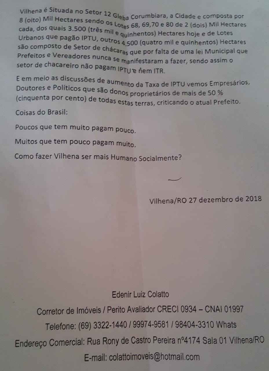 Corretor de imóveis defende vereadores e prefeito em nota sobre o IPTU em Vilhena